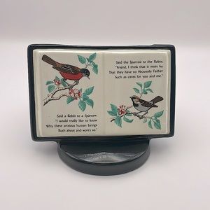 Vintage, ceramic, planter, book with birds and sweet poem. Plant, pencils/pens.